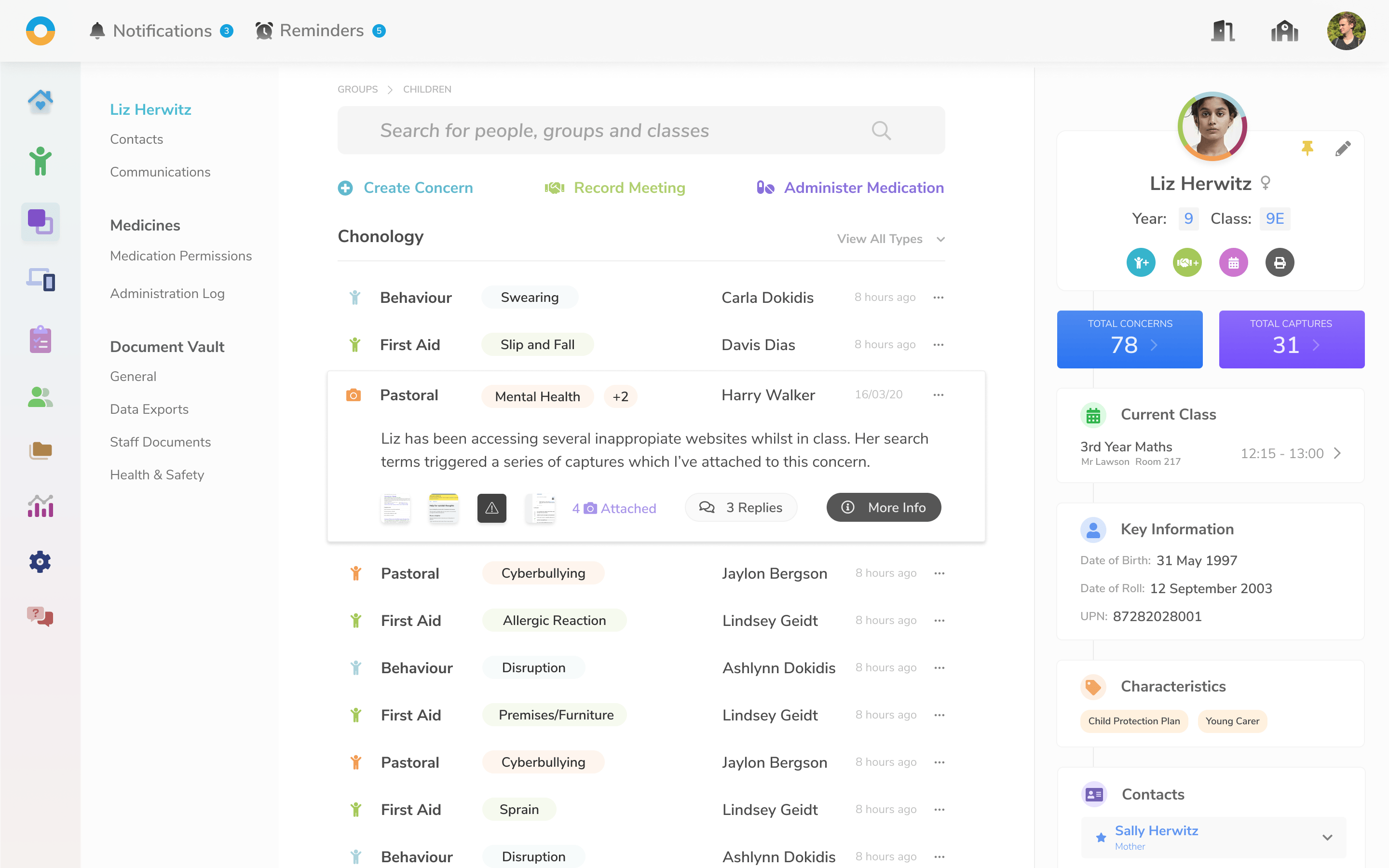 The form for logging concer’ against a child or group of children