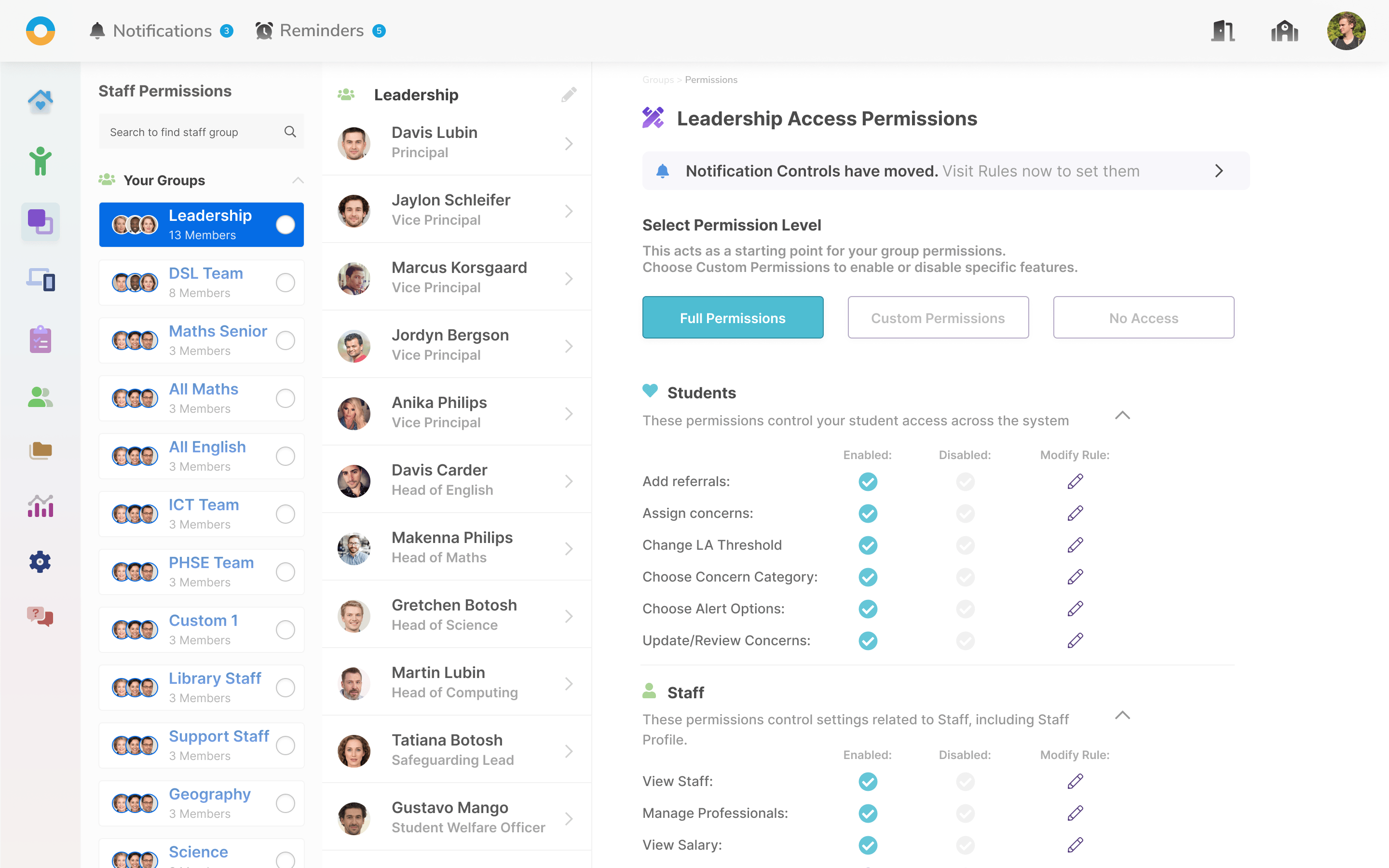 Screen showing Permissions Manager