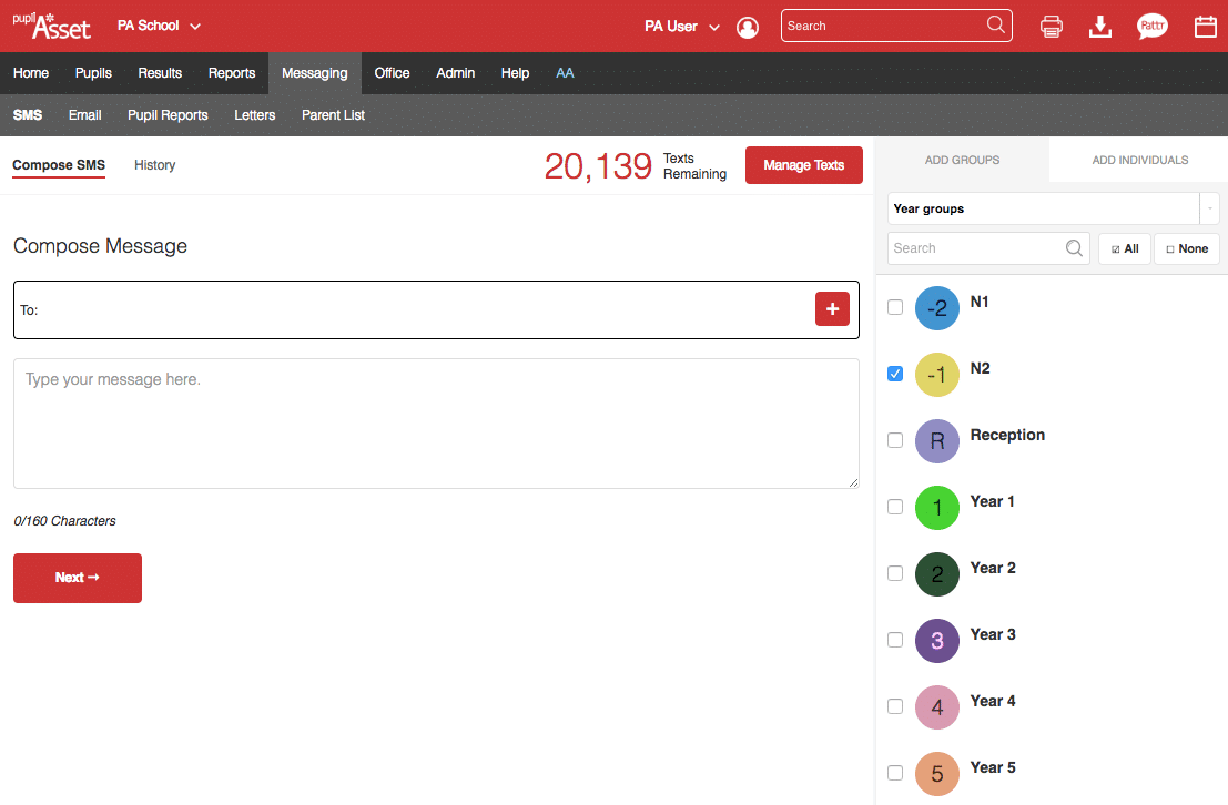 Example of PupilAsset send message screen